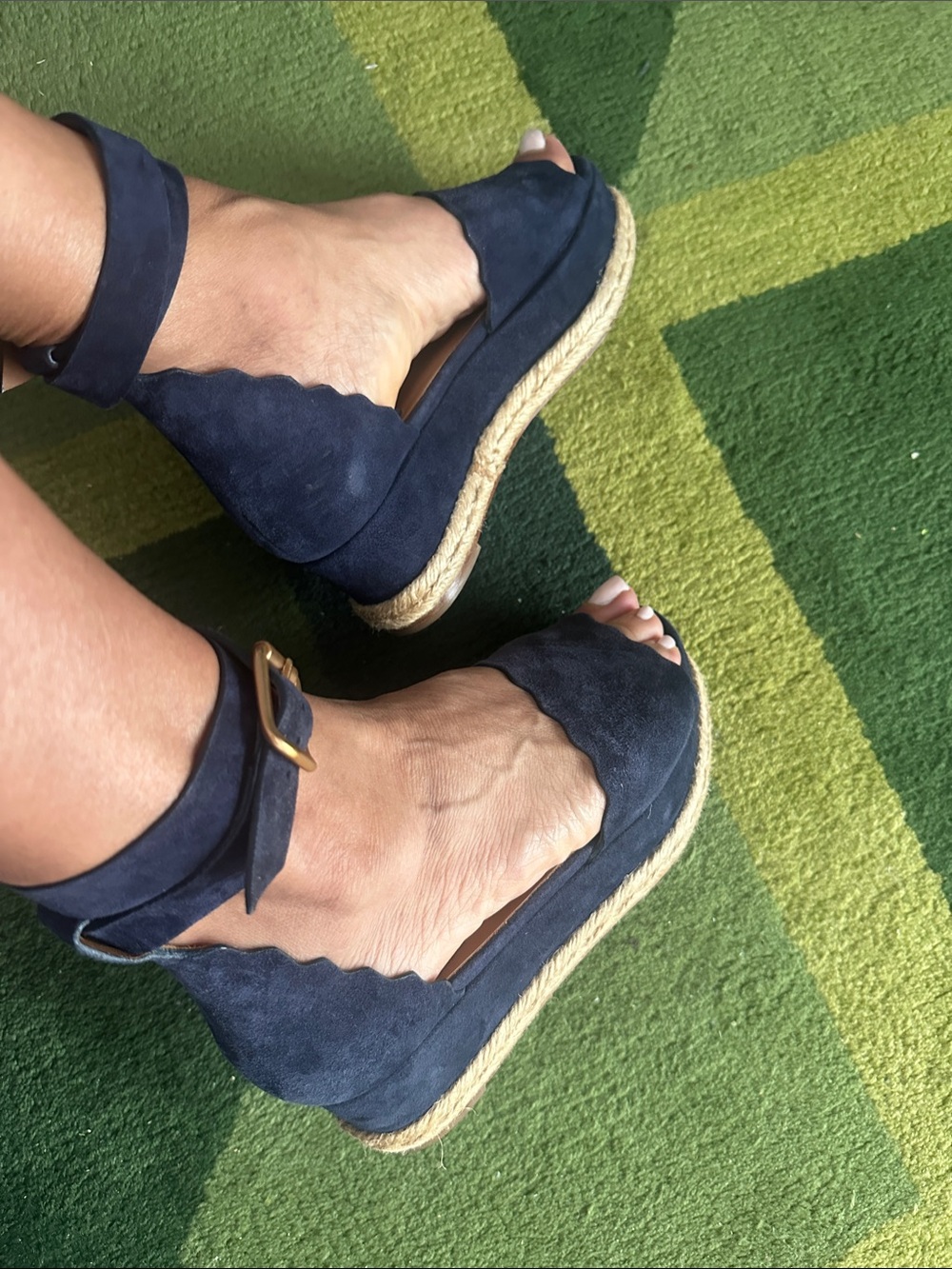 Chloe Navy Suede Scallop Front Wedge with Tan Leather Ankle Strap